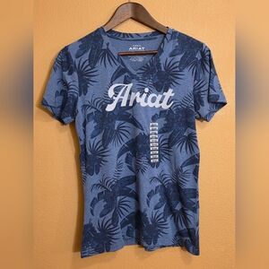 Ariat Women's Real Island Tee Shirt Small Blue Hawaiian Short Sleeve V-Neck